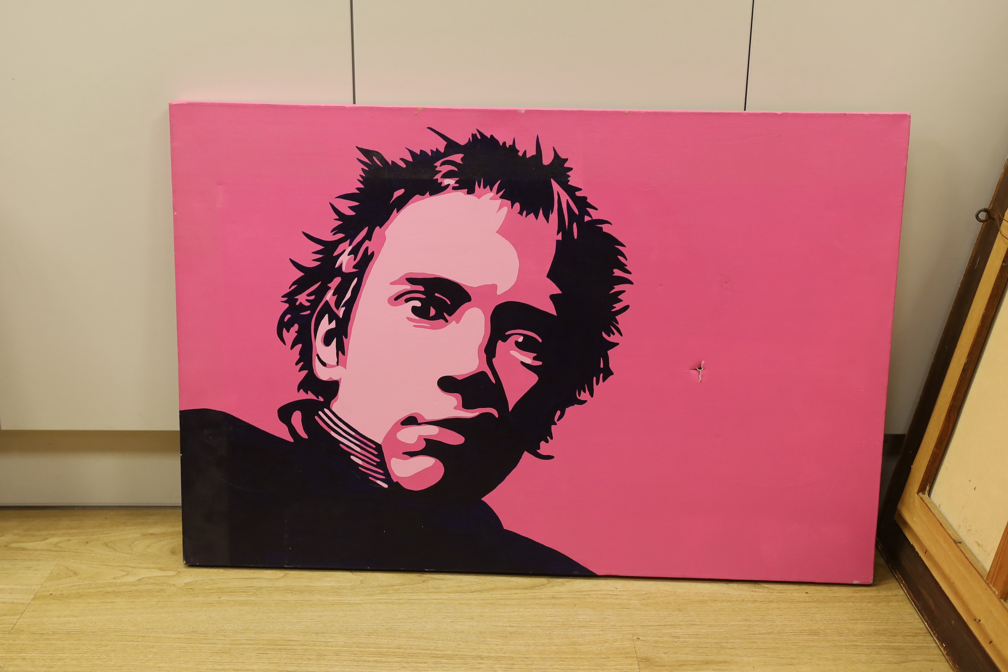 Nancy Vicious (nee Spungen, Sid Vicious's wife), two unframed oils on canvas of Sid Vicious and Johnny Rotten (one painting a.f.) and two singles